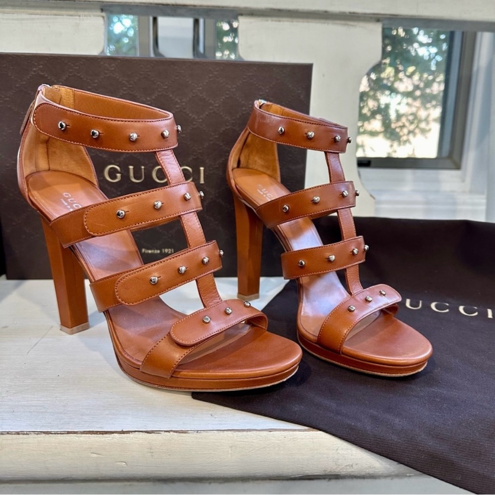 Authentic Gucci Gladiator Heels, brown studded